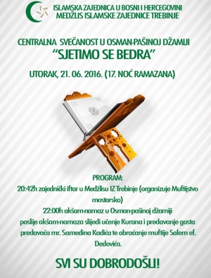Centralna svečanost u Osman-pa&scaron;inoj džamiji &bdquo;Sjetimo se Bedra&ldquo;